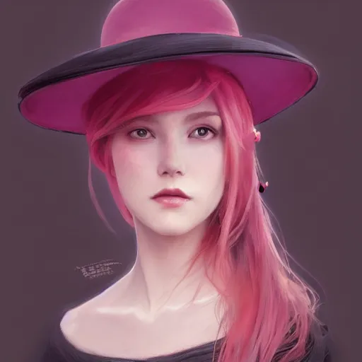 Image similar to a photorealistic dramatic fantasy render of a pink coloured haired young girl with a black wool modern hat by wlop, artgerm, greg rutkowski, alphonse mucha, beautiful dynamic dramatic dark moody lighting, shadows, cinematic atmosphere, artstation, concept design art, octane render, 8 k