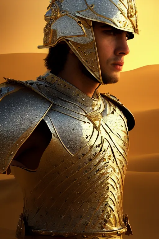 Prompt: portrait photo of the King of the Desert in battle, Sword, sand, handsome attractive face, Gold and silver Armour suit, realistic reflections, attractive young man, beautiful face, dramatic lighting, majestic, D&D, fantasy, elegant, intricate, highly detailed, digital painting, render, concept art, sharp focus, illustration, trending on artstation, art by artgerm and greg rutkowski and alphonse mucha