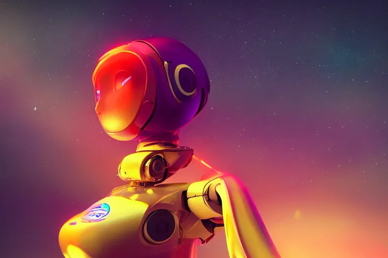Image similar to a beautiful calm robot girl looking up to the stars, photograph, colorful background, render, 3 d, render, 8 k, 4 d,