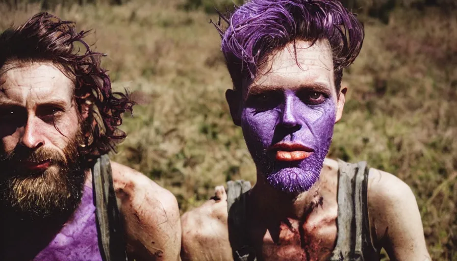 Image similar to far view, extremely skinny malnourished purple thanos with long beard, wearing dirty overalls, dirty greasy face, grin, portrait, close up, kodak gold 2 0 0, 5 0 mm,