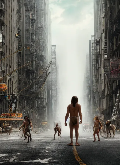 Prompt: film still, tarzan walk on the street of new york, post apocalyptic, symmetrical, 8 k, half body shot