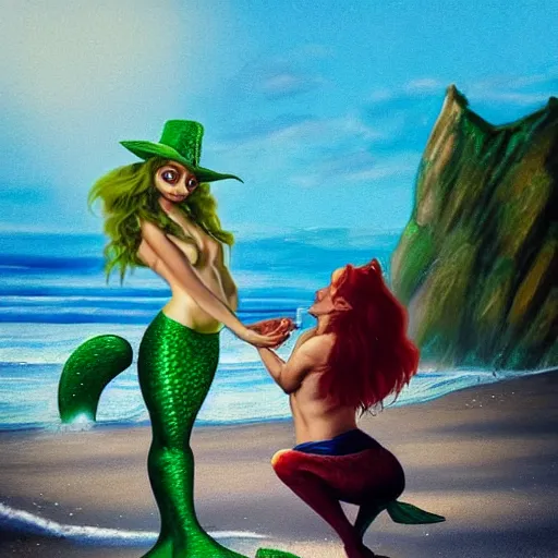 Prompt: a leprechaun wearing overauls kissing the mermaid ariel on the beach. the sun is setting in the background, bathing the scene in beautiful golden light. trending on artstation, photorealistic, still life, hyperreal