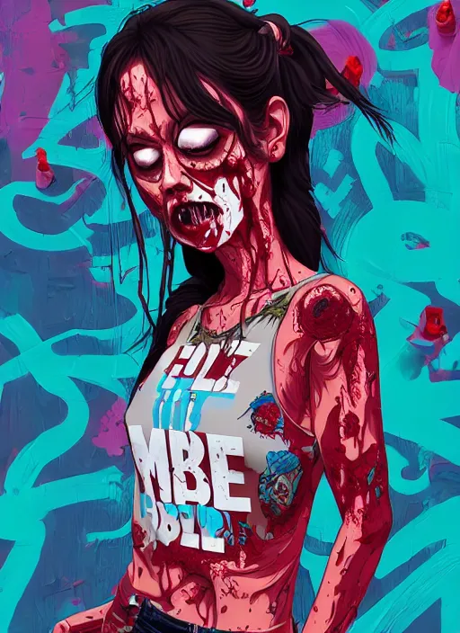Image similar to zombie full body girl modeling hiphop streetwear drip, tristan eaton, victo ngai, artgerm, rhads, ross draws