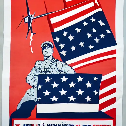 Prompt: US Military Propaganda poster, US Flag, American Tank, US Army Soldier