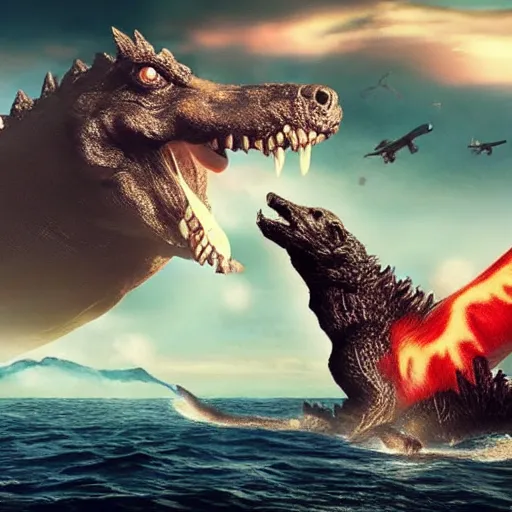 Image similar to gigantic 1 0 0 meters beagle dog fighting with godzilla over the sea, epic cinematic, 4 k, very high detail