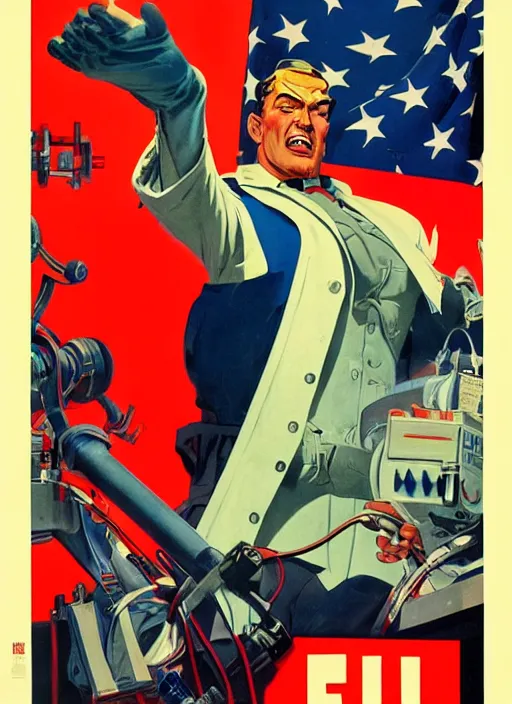 Image similar to american propaganda poster. cyberpunk surgeon. portrait by jean giraud and anton otto fischer and john philip falter and will eisner and gil elvgren