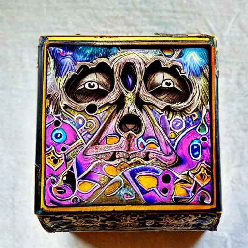 Prompt: haunted ornate ancient sinsister-looking box of ghosts| very detailed and colorful |beautiful eerie surreal psychedelic