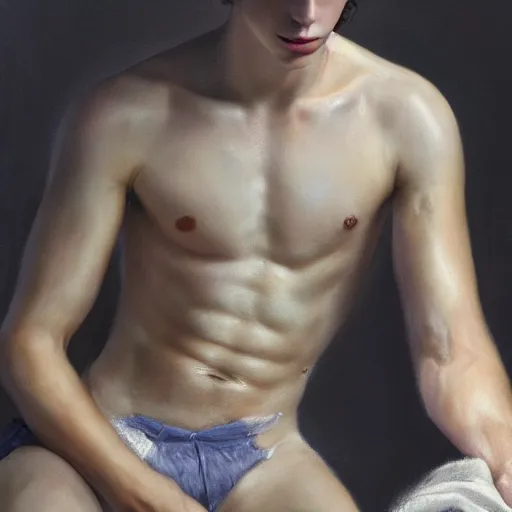 Prompt: a portrait of timothee chalamet as a shirtless muscular knight, full body, oil painting, pale colors, high detail, 8 k, wide angle, trending on artstation,