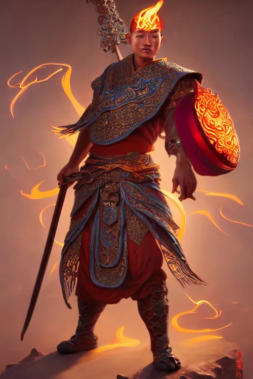 Image similar to charming nezha, highly detailed, man holding spear, flame everywhere, epic pose, masterpiece chinese fantasy character portrait, highly detailed, digital painting, trending on artstation, concept art, sharp focus, illustration, global illumination, ray tracing, realistic shaded, art by artgerm and greg rutkowski and fuji choko and viktoria gavrilenko and hoang lap