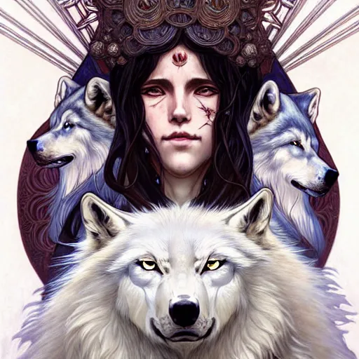 Prompt: Portrait of Princess Mononoke surrounded by white wolves, face, fantasy, intricate, elegant, highly detailed, digital painting, artstation, concept art, smooth, sharp focus, illustration, art by Fernanda Suarez and Artem Demura and alphonse mucha