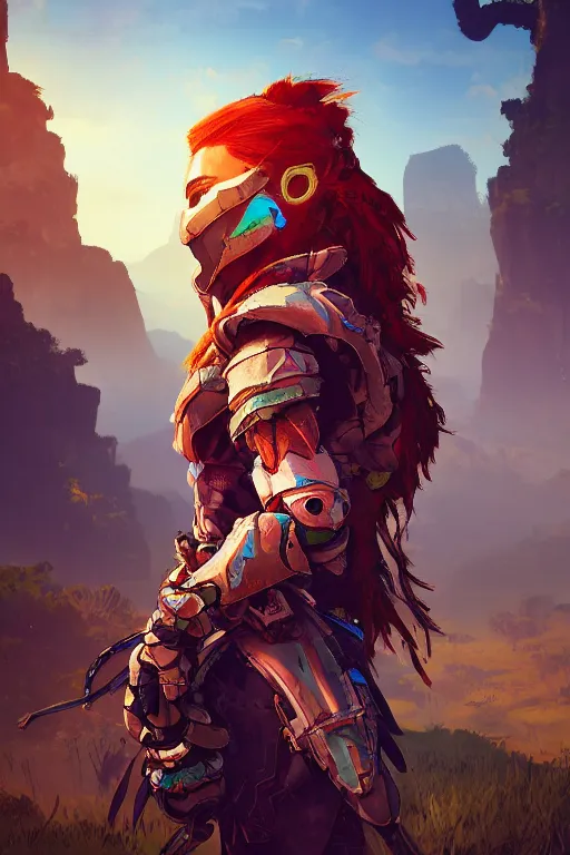 Image similar to combination suit armor aloy horizon forbidden west horizon zero dawn radiating a glowing aura global illumination ray tracing hdr fanart arstation by ian pesty and alena aenami artworks in 4 k tribal robot ninja mask helmet backpack