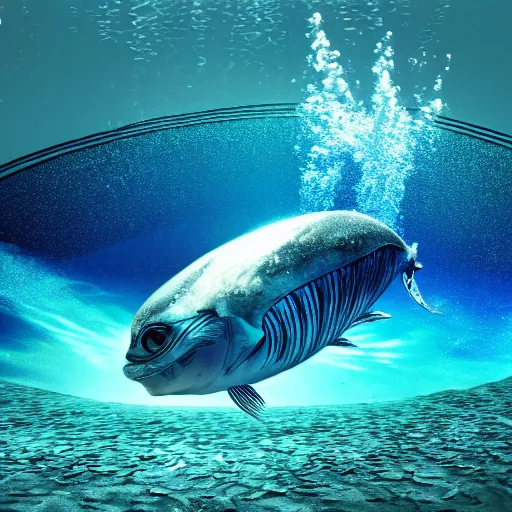 Image similar to underwater view of an alien fish swimming on an ocean bed, deep blue sea