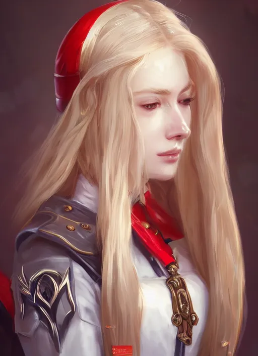 Image similar to a highly detailed illustration of beautiful long dirty blonde haired pale girl wearing epaulette uniform wearing white pants, red eyes, intricate, elegant, highly detailed, centered, digital painting, artstation, concept art, smooth, sharp focus, league of legends concept art, WLOP