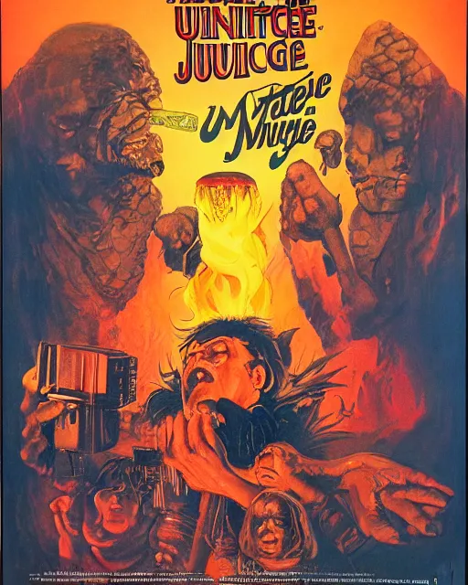 Prompt: poster for'unlimited juice ', 1 9 8 8 melt movie classic, ( directed by j. michael muro, art direction by by wayne barlowe, glenn fabry and frank frazetta, cinematography by robby muller )