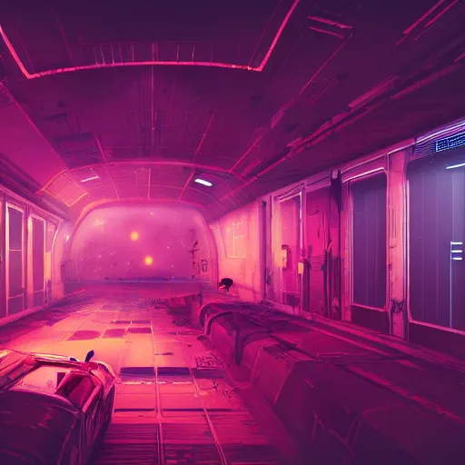 Prompt: arriving on a derelict space station, ominous, epic, wonderfully colorful, illustration, ink lines, accurate, weird, neon ink, clean, minimal, 8k, octane render