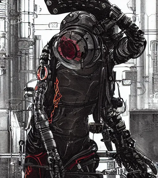 Image similar to realistic cyberpunk japanese engineer with long limbs and a black spacesuit welding a wall, techwear, dead space, visible face, Industrial Scifi, detailed illustration, character portrait, by Martin Grip and Moebius