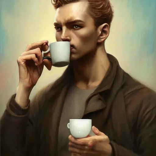 Image similar to by tom bagshaw, ultra realist soft painting of a daily clothed man drinking his coffee, nuclear bomb explosion, partial symmetry accurate features, very intricate details, focus, curvy, award winning, ultra dense fog