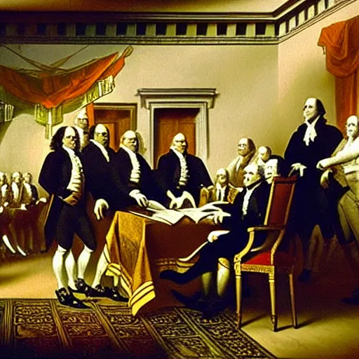 Image similar to Nick Cage signing the declaration of independence, high quality 1700s painting