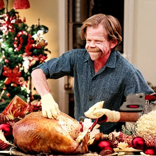 Image similar to William H Macy carving a turkey at Christmas