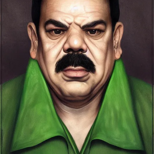 Image similar to hyper realistic, realistic - anime, portrait, beautifully rendered, luis guzman as luigi wearing green, smirking deviously, luigi, luigi's nose, painted by jan van eyck, albrecht durer, greg rutkowski, wlop, artgerm, dishonored 2,