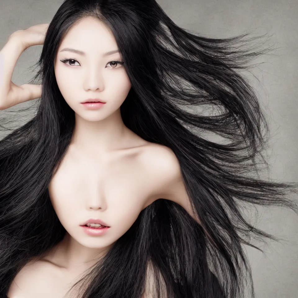 Image similar to a beautiful chinese girl, long black hair flowing, clear soulful eyes