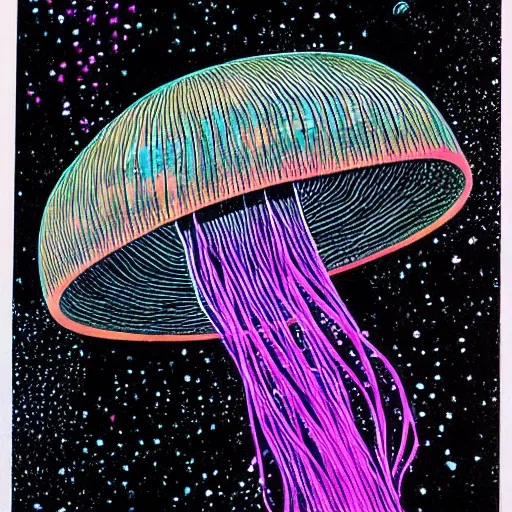 Image similar to cell shading jellyfish on black paper, vivid colours, by moebius, hiroshi yoshida, druillet