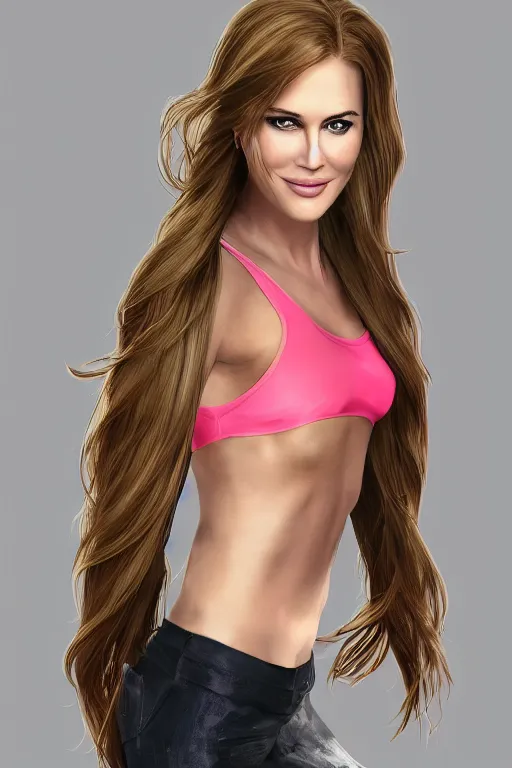 Image similar to mix of beautiful young maria shriver, mariel hemmingway, brooke shields, nicole kidman and elle macpherson as a zumba instructor, thin lips, hair tied up in a pony tail, dark blonde hair, colorful, artstation, cgsociety