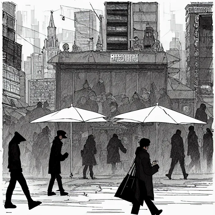 Image similar to market stall with umbrellas for sale, in a square, pedestrians walk past. background of old soviet monument. storyboard, scifi cyberpunk. by gabriel hardman, joe alves, chris bonura. cinematic atmosphere, detailed and intricate, perfect anatomy