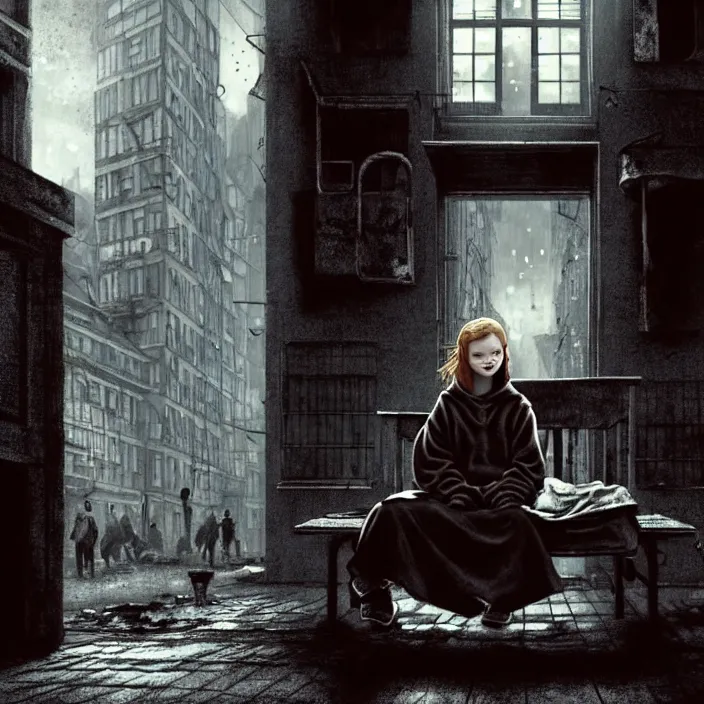 Prompt: sadie sink in hoodie sits on bench in ruined square, pedestrians walk by, steampunk tenement windows in background. storyboard, scifi cyberpunk. by gabriel hardman. cinematic atmosphere, detailed and intricate, perfect anatomy