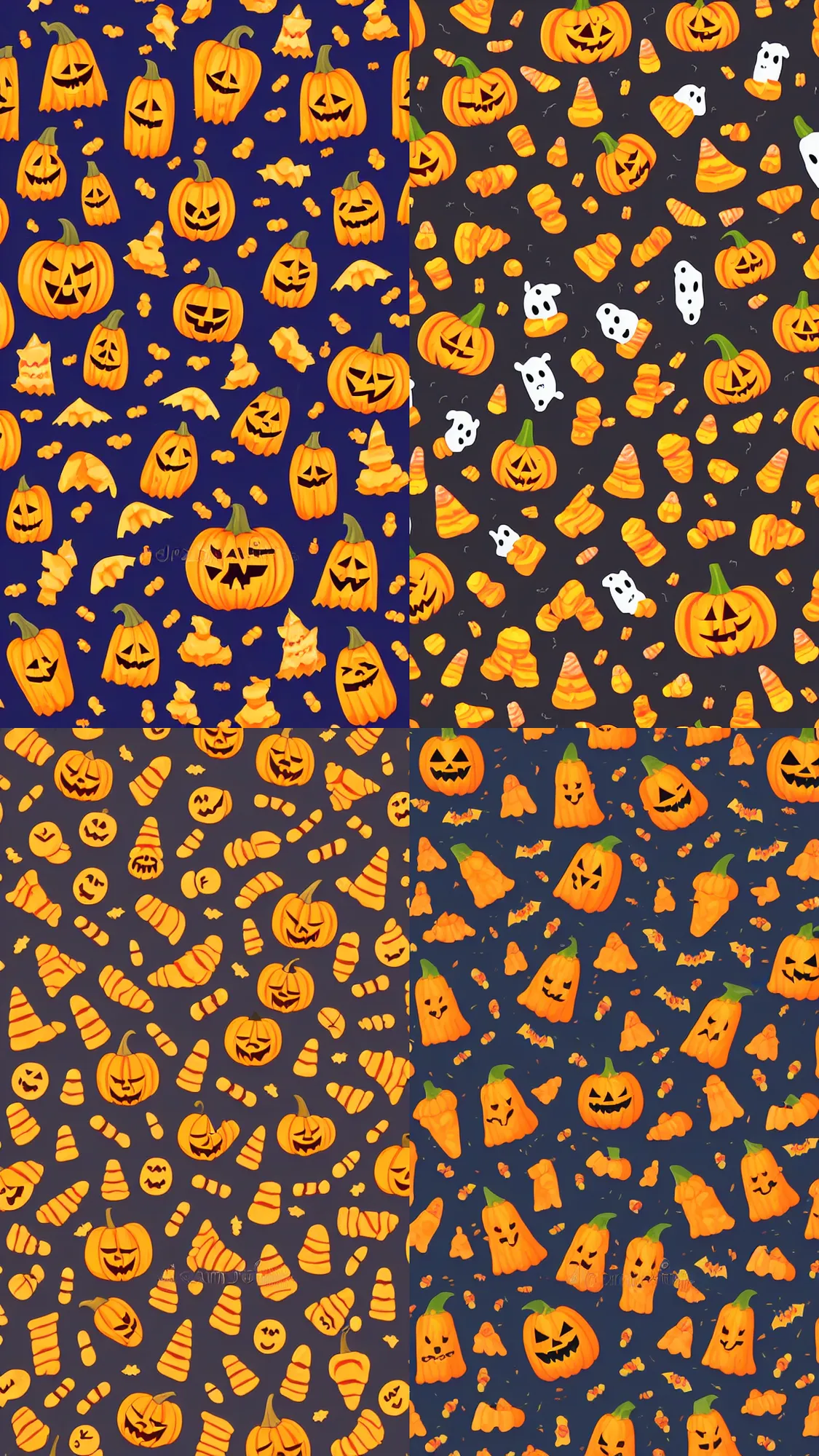Prompt: Halloween wallpaper with ghosts, candy corn, jack-o-lanterns, 2D vector illustration pattern cartoon style