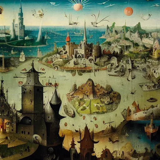 Image similar to a beautiful stunning insanely detailed complex matte painting of a magical mythical city at the edge of the world, by Hieronymus Bosch and Jim B