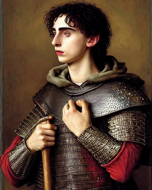 Image similar to timothee chalamet medieval portrait, armored priest, delicate detailed medieval portrait in the style of eugene de blaas, perfect face