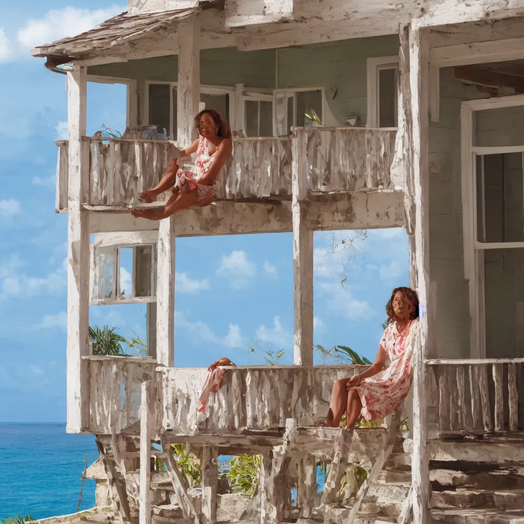 Prompt: a beautiful woman with freckles sitting on the porch of a one-story house in the caribbean watching the sea, realistic, clea