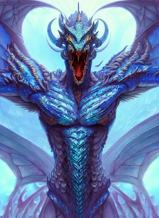 Image similar to muscular and tall blue ghostly fire humanoid dragon!!!! draconian!! intricate ornate iridescent heavy armor!! character concept art, sharp focus, octane render! unreal engine 5! highly rendered!! trending on artstation!! detailed linework!! illustration by artgerm, wlop, and chie yoshii