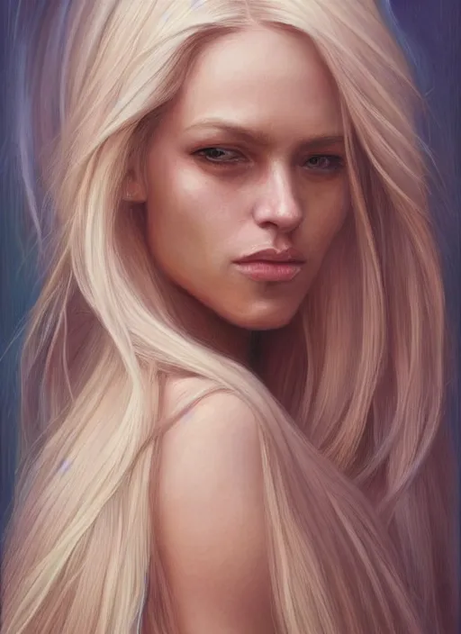 Prompt: a painting of a woman with long blonde hair, a photorealistic painting by magali villeneuve, featured on cgsociety, fantasy art, detailed painting, photorealistic, intricate