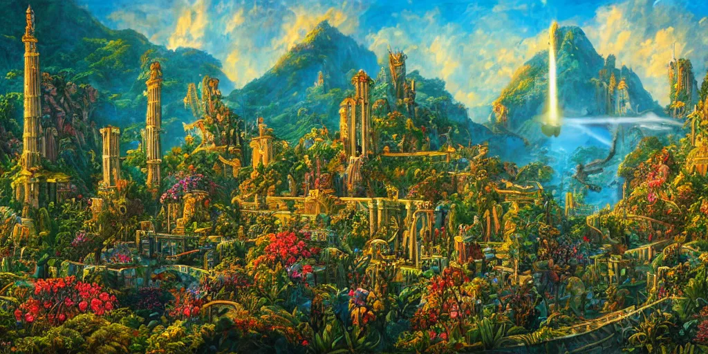 Image similar to fantasy oil painting, regale, fortress mega structure city, atlantis, colossus of rhodes gateway, hybrid, looming, warm lighting, overlooking, epic, lush plants flowers, rainforest mountains, bright clouds, luminous sky, outer worlds, cinematic lighting, michael cheval, michael whelan, oil painting, natural tpose