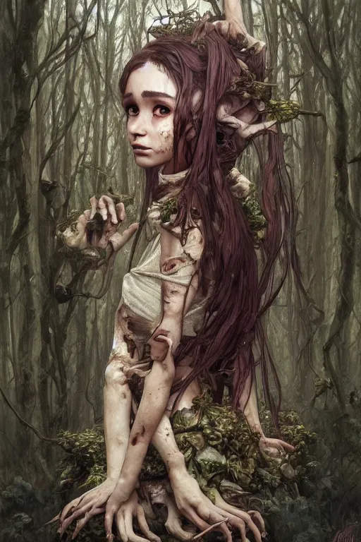 Prompt: scared cottagecore zombie Ariana Grande , rotten flesh & corpses, creepy forest, intricate, elegant, highly detailed, digital painting, artstation, concept art, smooth, sharp, focus, illustration, art by artgerm and greg rutkowski and alphonse mucha