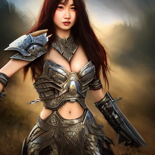 Prompt: a portrait of a full body beautiful asian girl, young with long hair, in monster hunter armor, horror scene, hyper - realistic, very detailed, intricate, very sexy pose, slight smile expression, unreal engine, by artgerm, wlop and ross thran, dramatic cinematic lighting rendered by octane, 8 k, detailed