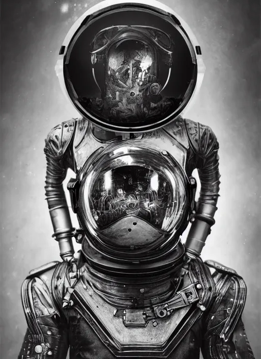 Image similar to old wetplate daguerreotype portrait of a futuristic silver armored space astronaut cyborg, fractal, intricate, elegant, highly detailed, parallax, leica, medium format, subsurface scattering, by jheronimus bosch and greg rutkowski and louis jacques mande daguerre