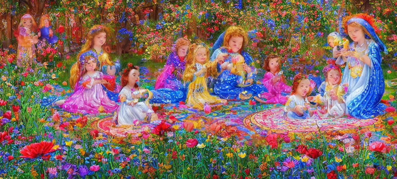 Prompt: high resolution 4k Angel blessing grand children while grandma sleeps Children drinking tea Cozy night tea fantasy tea dark and colorful, bright sparkling lights lake, lily pads, russian night sky, stars, moon, bright brother sister Bubbles, pillows dreamy night sky Luminism Children drinking tea with angel watching In the art style of Victor Nizovtsev