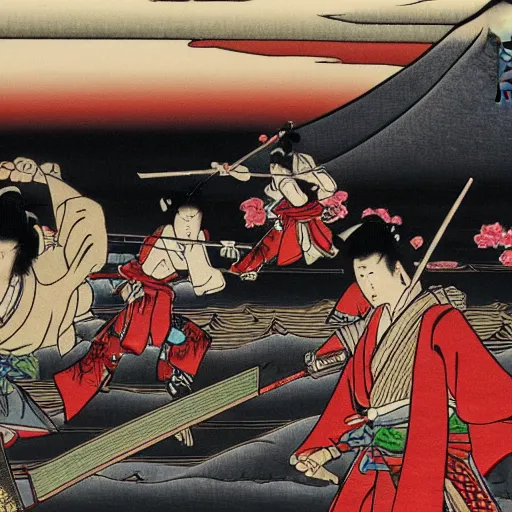 Image similar to samurai warriors fighting in the shadow of mount fuji manga style ukiyoe style 4K UHD image