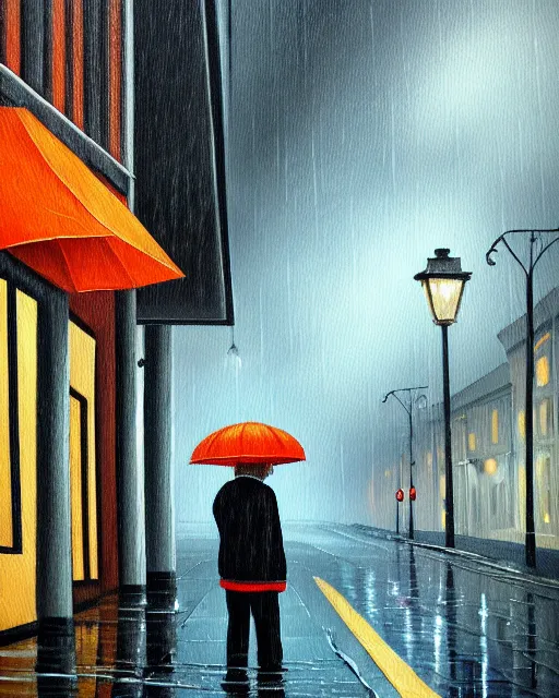 Image similar to a painting of an old man looking down the street, rain, an ultrafine detailed painting, by cabu, featured on deviantart, detailed painting, deviantart