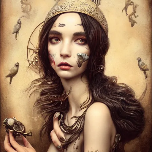 Prompt: tom bagshaw, grotesque and bizarre curiosities in steampunk lovecraftian world, beautiful asian mix of dove cameron madison beer bella poarch in a full dress, pure makeup, professionally retouched, focus eyes, ultra realistic soft painting, insanely detailed linework, symmetrical accurate intricate features, behance, 8 k