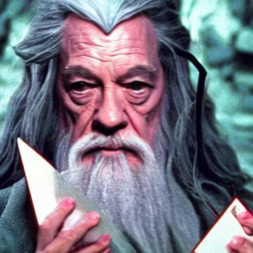 Image similar to portrait of gandalf with a pink bowtie on the side of his head, holding a blank playing card up to the camera, movie still from the lord of the rings