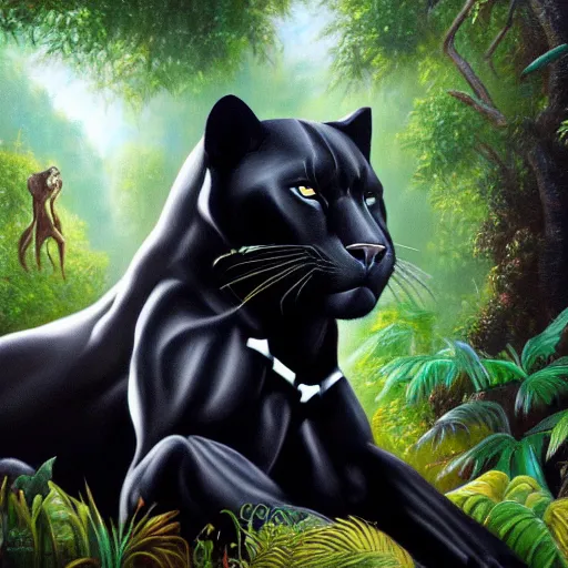 Image similar to oil on canvas of one beautiful majestic black panther. beautiful. mysterious. intricately detailed. meticulously rendered. background is a jungle. hd. trending on art station. h 7 6 8