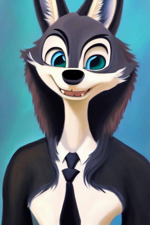 Image similar to oil painting of anthromorphic female wolf, in style of zootopia, female fursona, furry, furaffinity, 4 k, deviantart, furry art, fursona art, wearing black business suit, business suit, wolf fursona, female, smug expression,