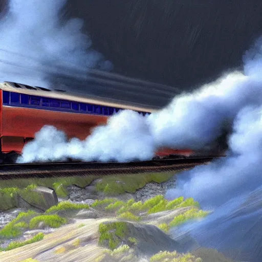 Image similar to train billowing smoke as it goes over a mountain, concept art, illustrated, highly detailed, high quality, bright colors, optimistic,