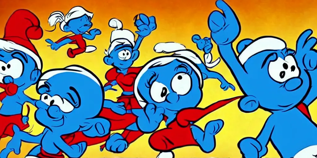 Image similar to the smurfs as superheroes, animation, cell animation, in the style of hanna barbera