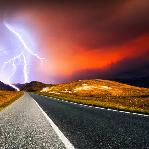 Image similar to nightmarish creatures rushing towards car, black pontiac firebird trans - am driving towards the camera, norway mountains, red glow in sky, valley, large lake, dynamic, cinematic, motionblur, volumetric lighting, wide shot, low angle, large lightning storm, thunder storm