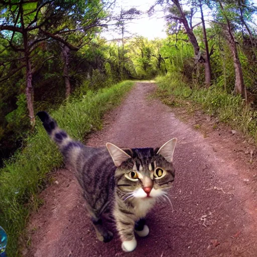 Prompt: cat on trail-cam, slight fish-eye lens